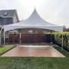 20x20 white high-peak marquee tent with 16x16 wood dance floor set up in a private backyard in Vancouver, BC