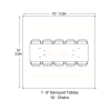 10x10 tent seating layout with one 8-foot banquet table and 10 chairs
