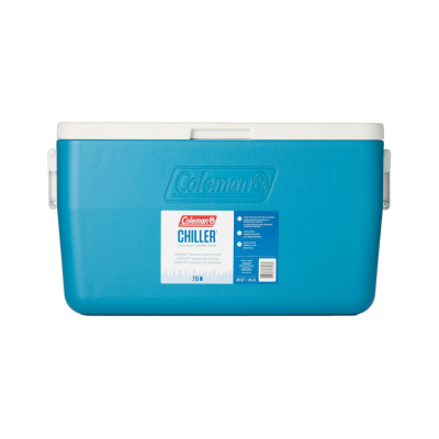 Cooler rentals in Vancouver: blue Coleman Chiller cooler with white lid on a white background.