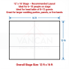 Diagram of a 12x16 stage layout with grid lines and notes that it fits 6 to 10 people or an 8 to 12 guest head table