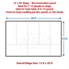 Diagram of a 12x20 stage layout with grid lines and notes that it fits 7 to 12 people or an 8 to 14 guest head table