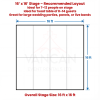 Diagram of a 16x16 stage layout with grid lines and notes that it fits 7 to 12 people or a large head table