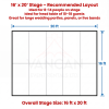 Diagram of a 16x20 stage layout with grid lines and notes that it fits 8 to 14 people or a large head table