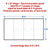 Diagram showing an 8x16 stage layout with dimensions and notes that it fits 4 to 7 people or a larger head table