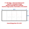 Diagram showing an 8x20 stage layout with dimensions and notes that it fits 5 to 8 people or a long head table