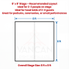 Diagram showing an 8x8 stage layout with dimensions and notes that it fits 2 to 3 people or a small head table