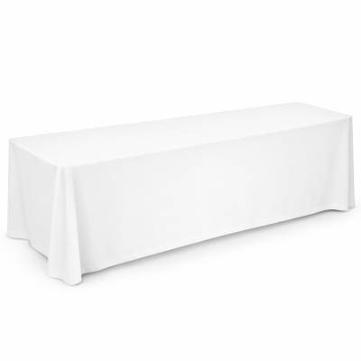 White tablecloth rentals in Vancouver: 8 ft full-length tablecloth draped to the floor on a white background.