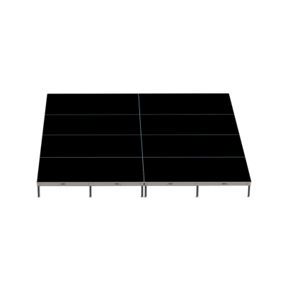 16 foot by 16 foot portable stage setup with stairs and black skirt, ideal for large events or performances