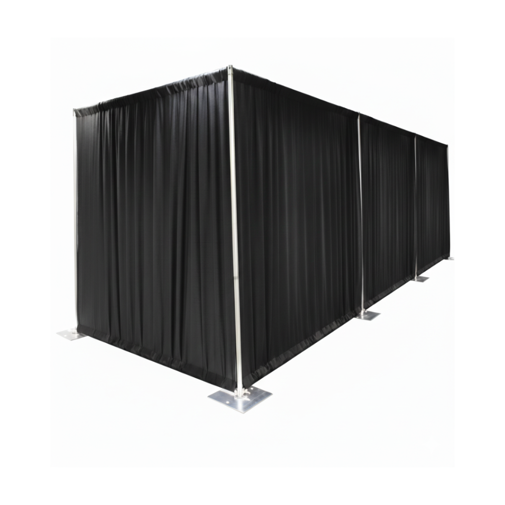 Black tablecloth rentals in Vancouver: 6 ft full-length tablecloth draped to the floor on a white background.