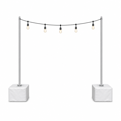 Freestanding string light rental with warm-white lights on weighted poles over an outdoor lawn