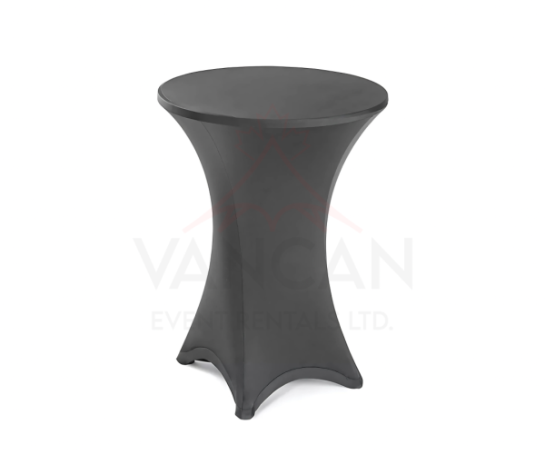 Black Spandex High Top Table Cover Rental Black spandex high top table cover setup for a modern corporate event.